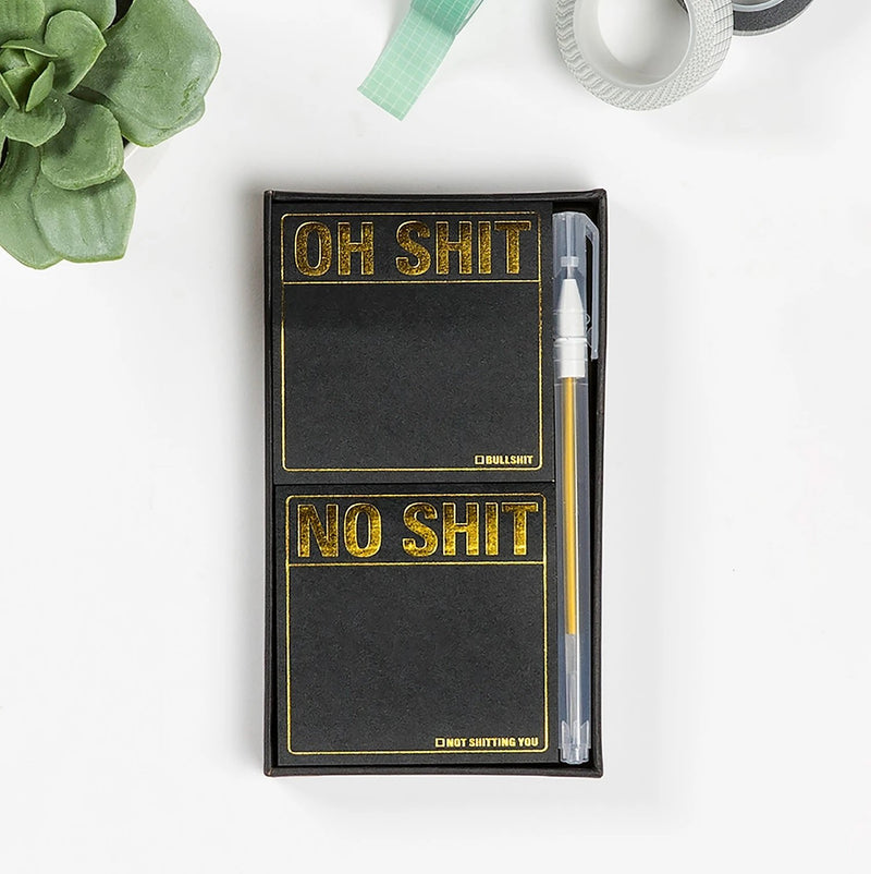 Oh Shit / No Shit Metallic Sticky Note Set + Gel Pen Boxed Set | 2 Sticky Note Pads and 1 Pen with Shiny Gold Accents