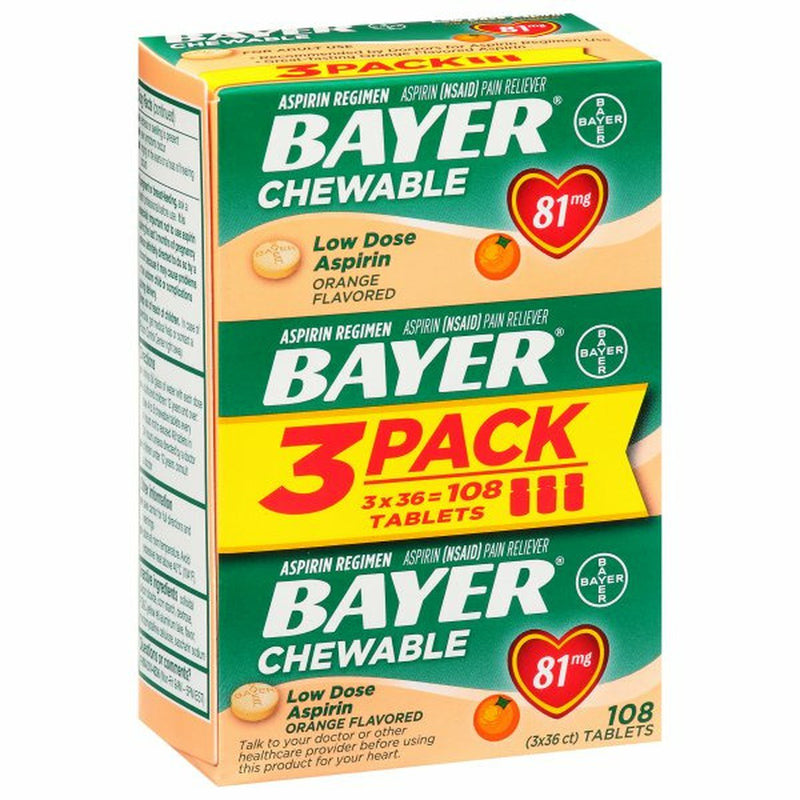 Bayer Aspirin, Low Dosage, 81 mg, Chewable Tablets, Orange Flavored, 3 Pack