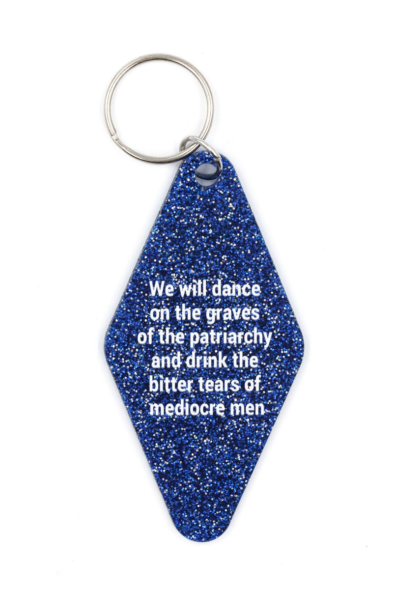 Dance on the Graves of the Patriarchy Feminist Motel Style Key Tag Keychain in Midnight Blue Glitter