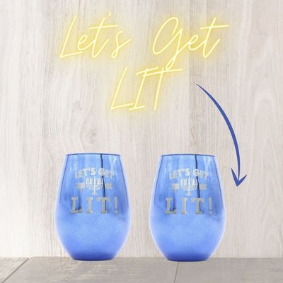 Let's Get Lit Stemless Hanukkah Wine Glass with Menorah Motif | 20 oz. | Stainless Steel Unbreakable | Automatic Quantity Discounts