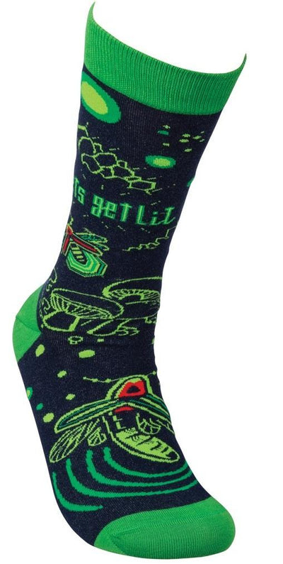 Let's Get Lit Black Green Funny Novelty Socks with Cool Design, Bold/Crazy/Unique/Quirky Specialty Dress Socks