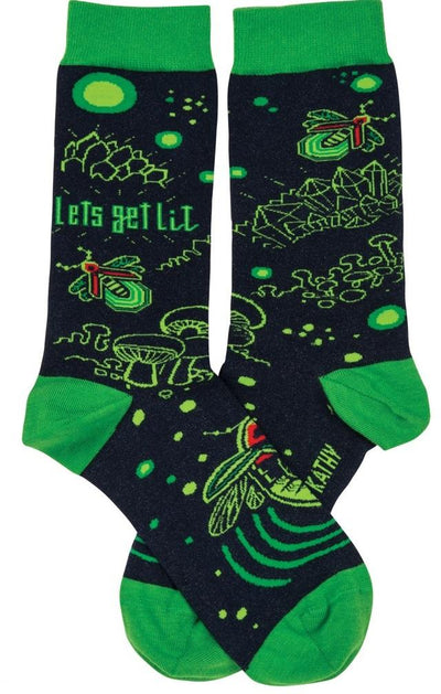 Let's Get Lit Black Green Funny Novelty Socks with Cool Design, Bold/Crazy/Unique/Quirky Specialty Dress Socks