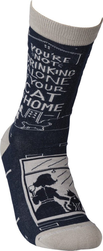 You're Not Drinking Alone If Your Cat Is Home Black Funny Novelty Socks with Cool Design, Bold/Crazy/Unique Specialty Dress Socks