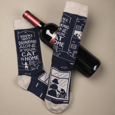 You're Not Drinking Alone If Your Cat Is Home Black Funny Novelty Socks with Cool Design, Bold/Crazy/Unique Specialty Dress Socks