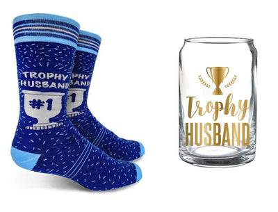 Trophy Husband Gift Bundle | Coordinating Men's Socks and Beer Can Glass