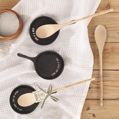 Porcelain Spoon Rest and Wooden Spoon Set | 3 Assorted Sayings