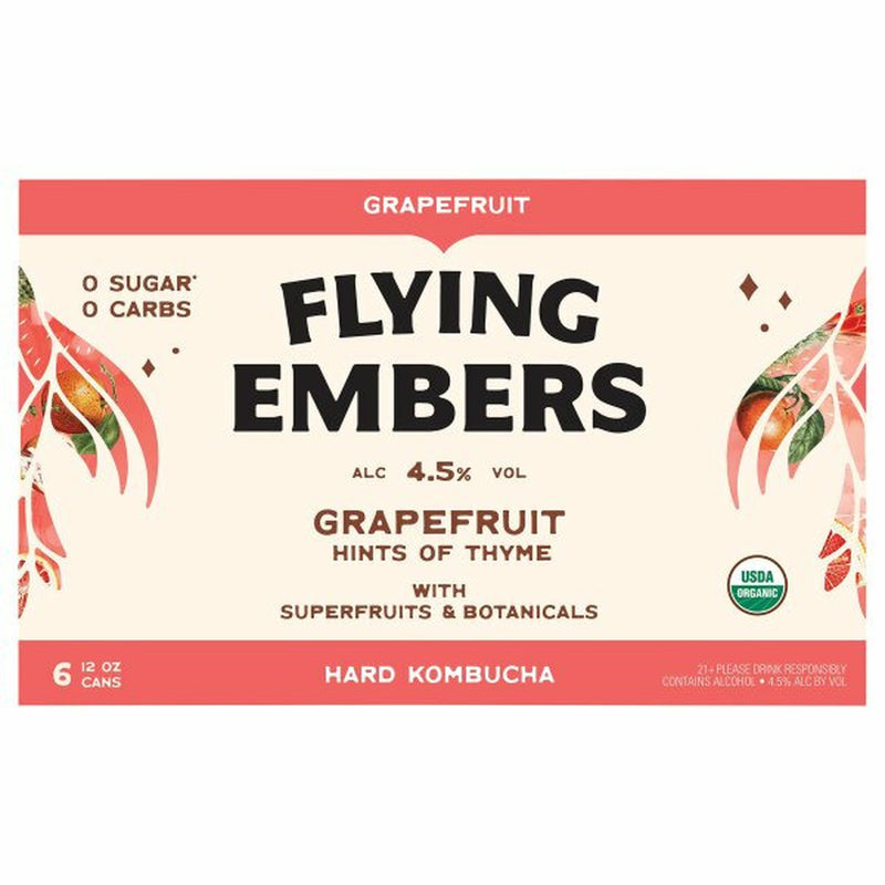 Flying Embers Hard Kombucha, Grapefruit 6/12oz cans