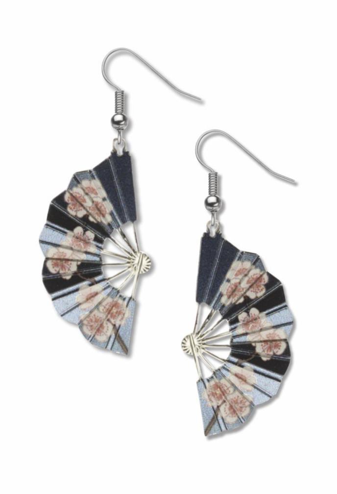 Hiroshige Blossom Fans Earrings | Solid Brass Electroplated with Non-Tarnishing Silver Finish, Giclee Print
