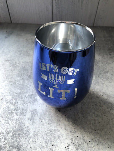 Let's Get Lit Stemless Hanukkah Wine Glass with Menorah Motif | 20 oz. | Stainless Steel Unbreakable | Automatic Quantity Discounts