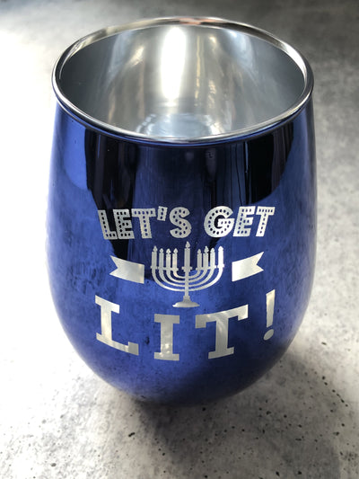 Let's Get Lit Stemless Hanukkah Wine Glass with Menorah Motif | 20 oz. | Stainless Steel Unbreakable | Set of 12