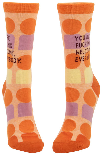 You're Fucking Welcome Everybody Women's Crew Socks Hipster/Nerdy/Geeky/Trendy, Orange Colorful Funny Novelty Socks with Cool Design, Bold/Crazy/Unique Quirky Dress Socks