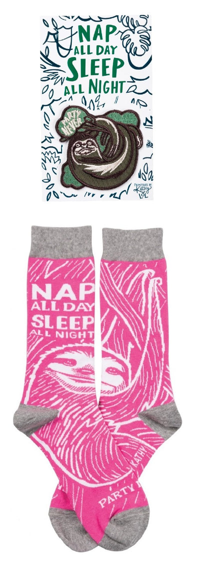 Nap All Day, Sleep All Night - Party Never Sloth Patch and Socks Gift Set