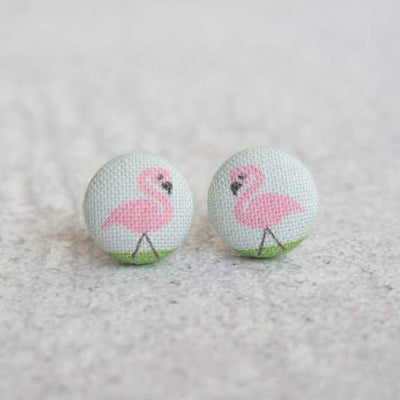 Pink Flamingos Fabric Button Earrings | Handmade in the US