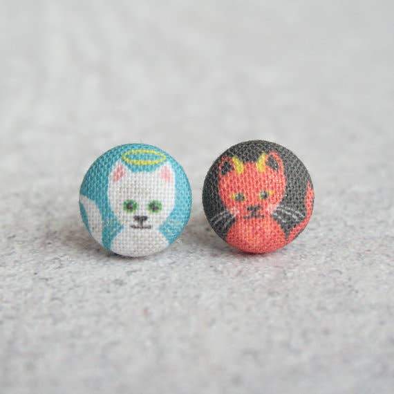 Good and Evil Kitties Fabric Button Earrings | Handmade in the US