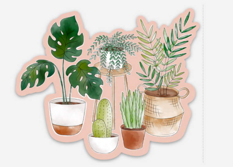 Potted Plants Watercolor with Pink Background Sticker | 3" x 4"