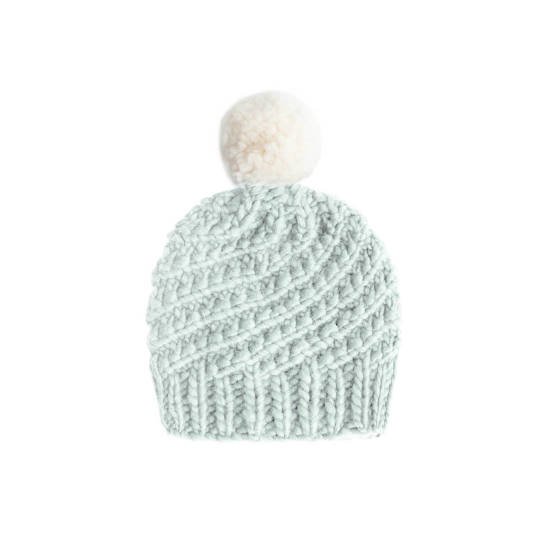 Luca Pom Hat Knitting Kit, Iced Mint with White Pompom
