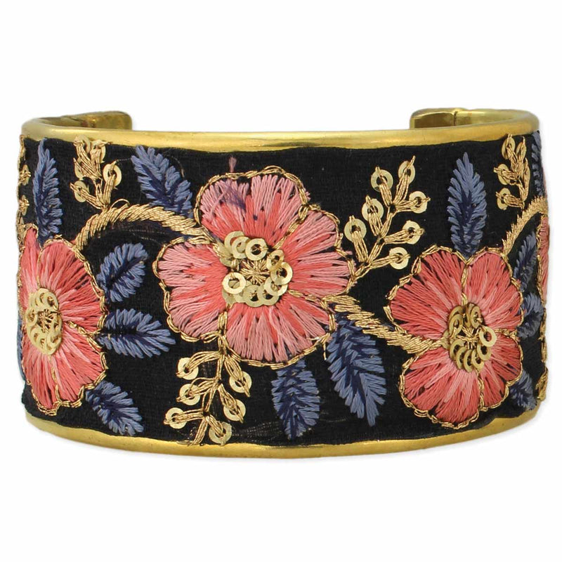 Vintage Dark Floral Hand-Embroidered Cuff Bracelet | Handmade in India